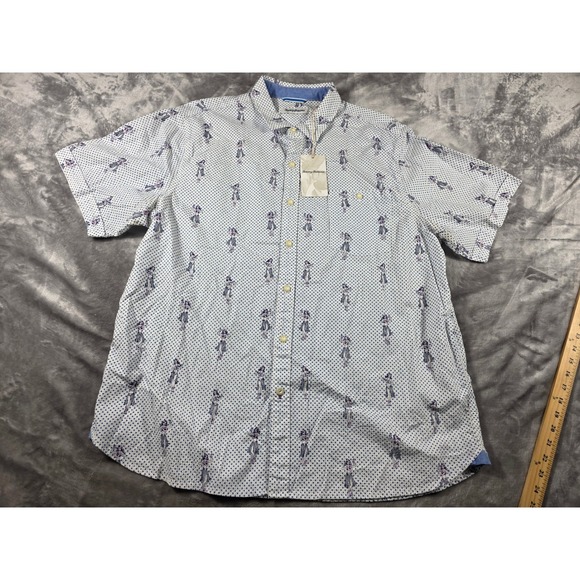 Tommy Bahama Button Up Shirt Mens XL Blue/White Hula Girl Polka Dot Stretch - Picture 2 of 8